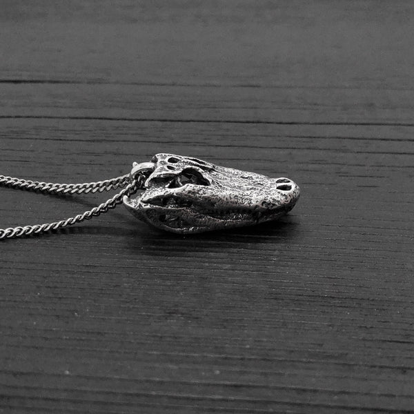 American Alligator Skull Pendant Necklace - Solid Hand Cast Sterling Silver - Polished Oxidised Finish - Multiple Chain Lengths Available