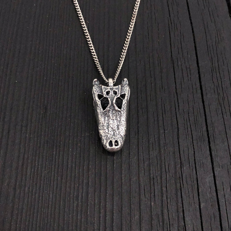 American Alligator Skull Pendant Necklace - Solid Hand Cast Sterling Silver - Polished Oxidised Finish - Multiple Chain Lengths Available