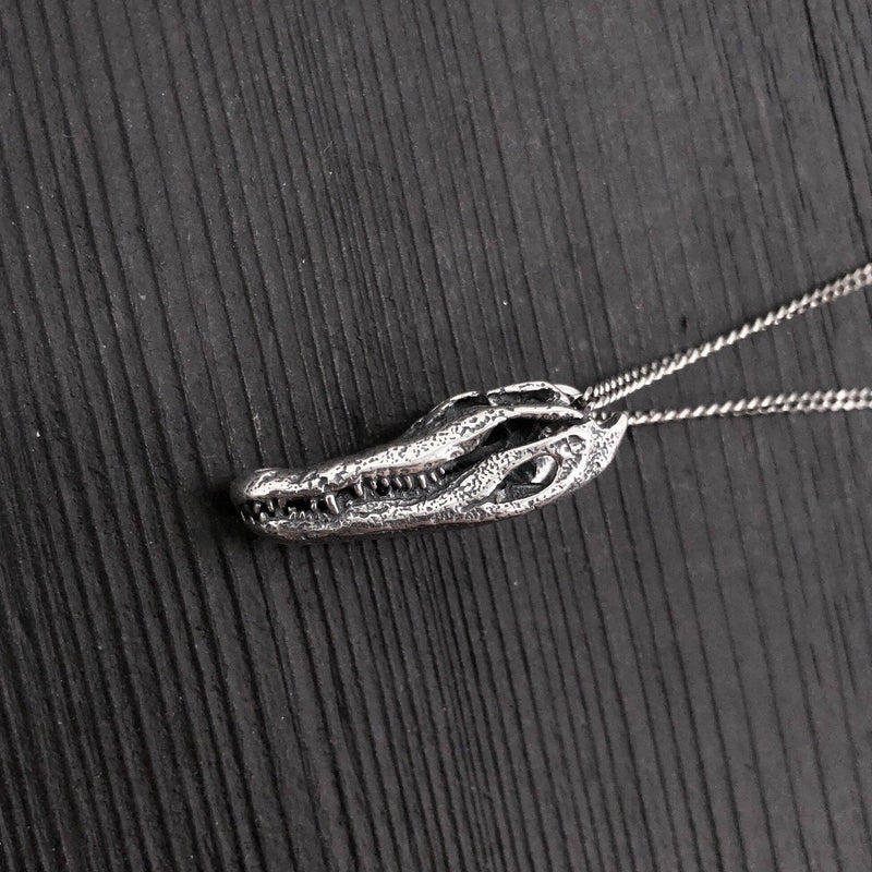 American Alligator Skull Pendant Necklace - Solid Hand Cast Sterling Silver - Polished Oxidised Finish - Multiple Chain Lengths Available