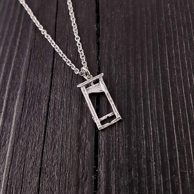 Small Sterling Silver Guillotine Charm Pendant Necklace Solid Hand Cast 925 Polished Oxidised Finish Three Dimensional Detail - Moon Raven Designs