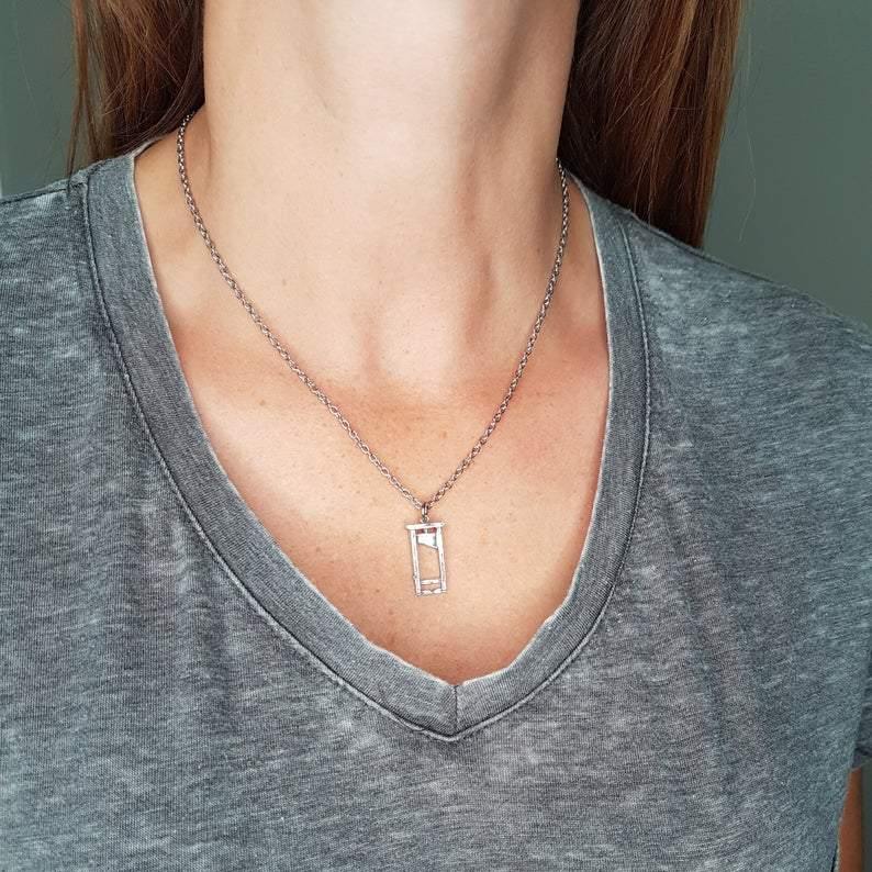 Small Sterling Silver Guillotine Charm Pendant Necklace Solid Hand Cast 925 Polished Oxidised Finish Three Dimensional Detail - Moon Raven Designs
