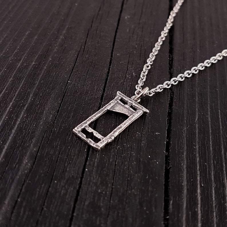 Small Sterling Silver Guillotine Charm Pendant Necklace Solid Hand Cast 925 Polished Oxidised Finish Three Dimensional Detail - Moon Raven Designs