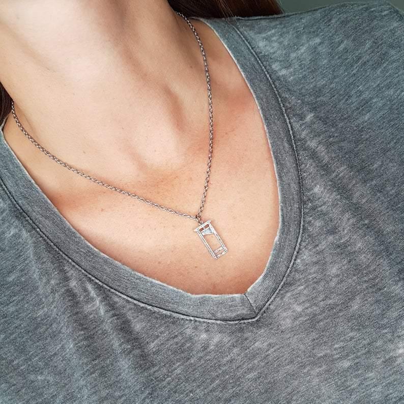 Small Sterling Silver Guillotine Charm Pendant Necklace Solid Hand Cast 925 Polished Oxidised Finish Three Dimensional Detail - Moon Raven Designs