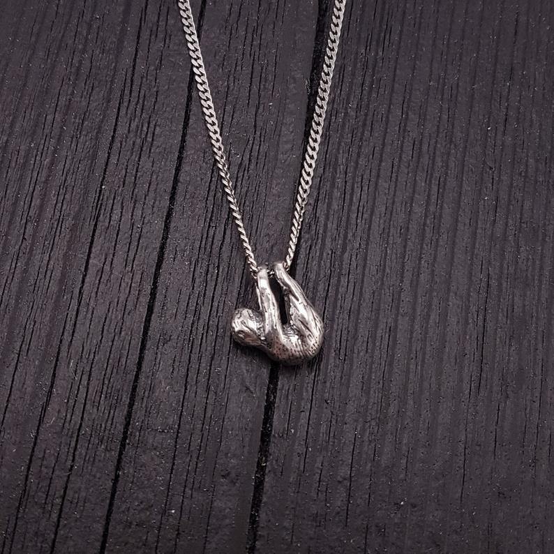 Baby Sloth Charm Pendant Necklace Solid Cast 925 Sterling Silver Three Dimensional Polished Oxidized Finish - Moon Raven Designs
