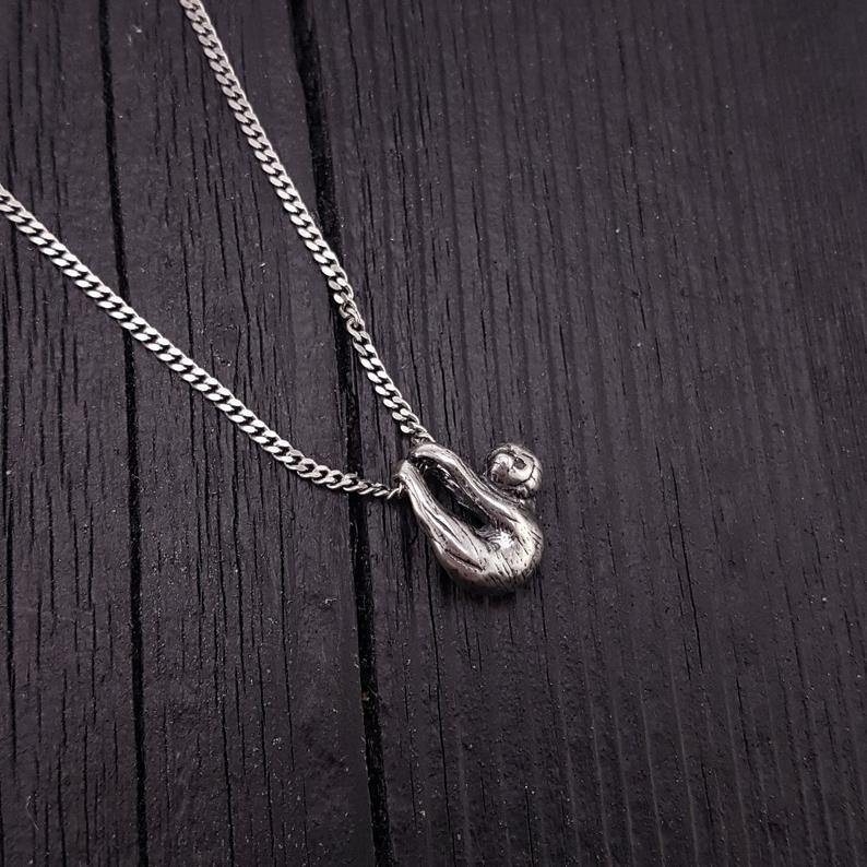 Baby Sloth Charm Pendant Necklace Solid Cast 925 Sterling Silver Three Dimensional Polished Oxidized Finish - Moon Raven Designs
