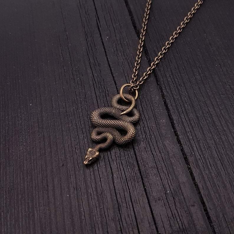 Viper Snake Pendant Necklace Solid Hand Cast Bronze Polished Oxidized Finish - Moon Raven Designs