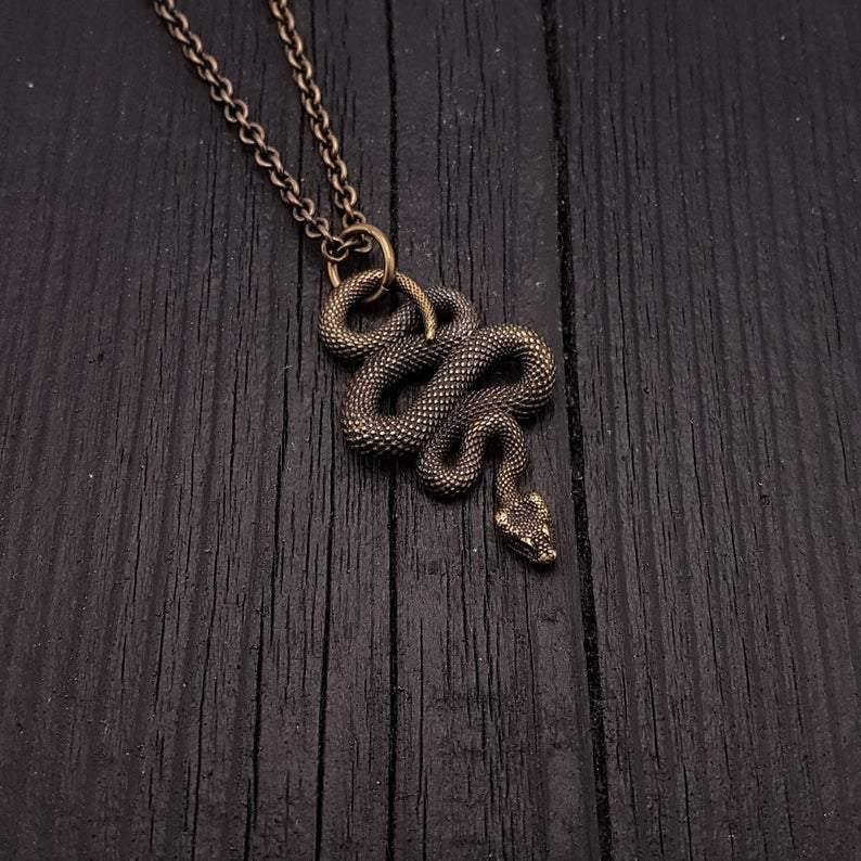 Viper Snake Pendant Necklace Solid Hand Cast Bronze Polished Oxidized Finish - Moon Raven Designs