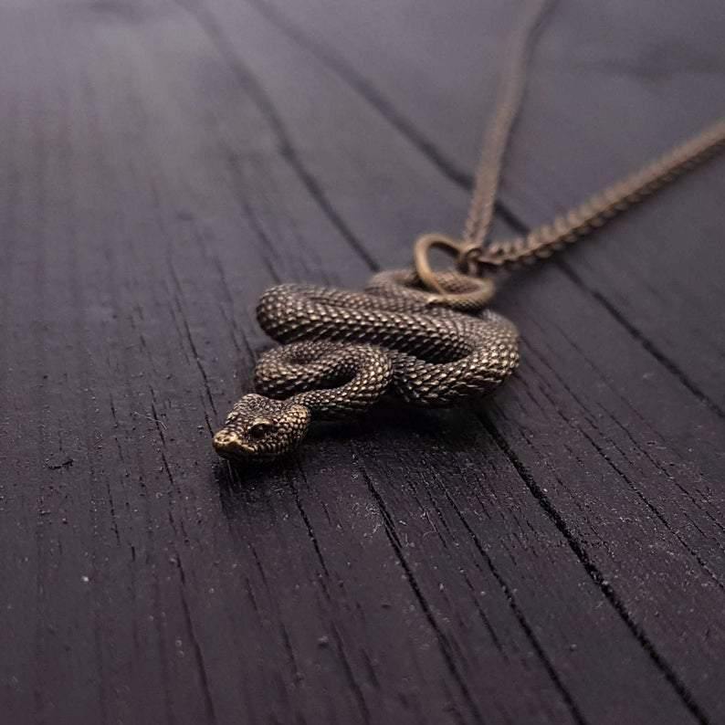 Viper Snake Pendant Necklace Solid Hand Cast Bronze Polished Oxidized Finish - Moon Raven Designs